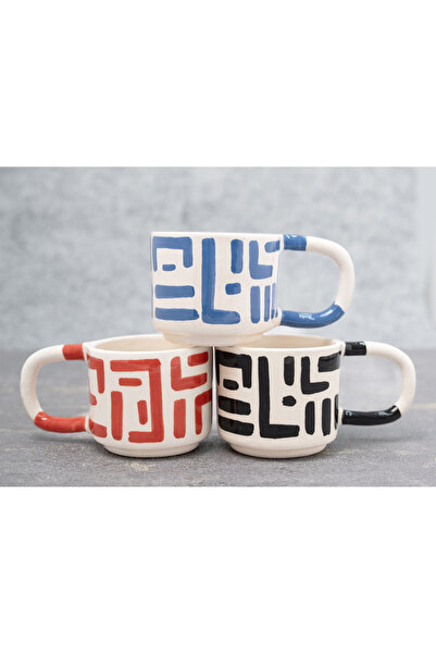 Melouro Set of 3 Handmade Ceramic Mug, Cups with Black, Red and Blue Calligraphy Handles