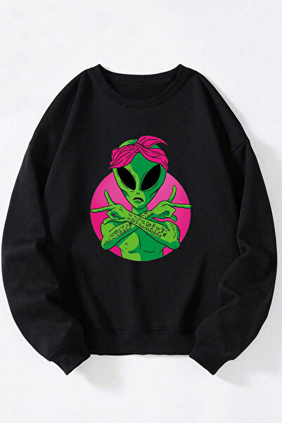 Anetos Alien Gang Unisex Hanorac Negru cu Guler Rotund din Bumbac