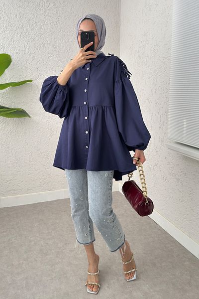 Salih Çelebi Lace Detailed Balloon Sleeve Tunic - Dark Blue