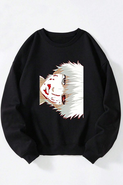 Anetos Tokyo Ghoul Fața lui Ken Kaneki unisex negru guler rotund bumbac sweat...