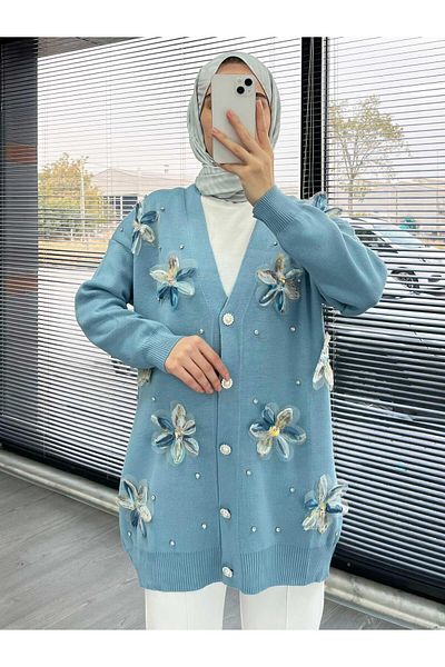 MELEK ARAZ Cardigan de damă elegant albastru cu detalii florale