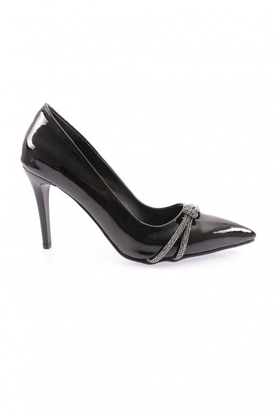 DGN Kn-02-23y Black Patent Leather Women's Evening Dress Shoes - Silver Stoned Banded