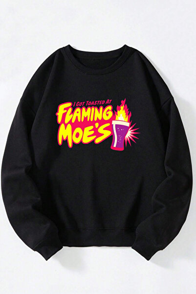 Anetos Flaming Moes Bear Unisex Negru Guler Rotund Bumbac Sweatshirt
