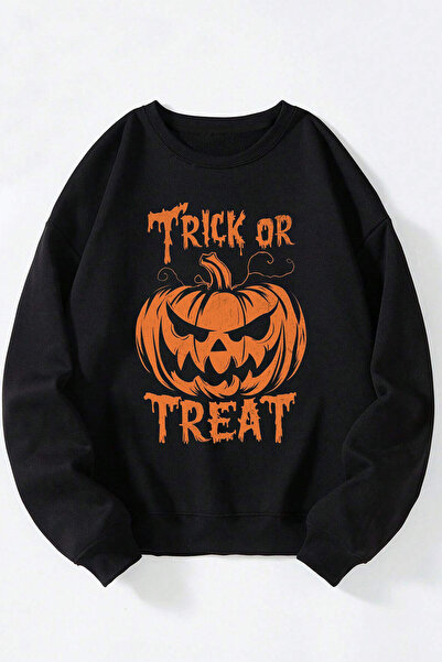 Anetos Trick Or Treat Unisex Sweatshirt din bumbac negru, guler rotund