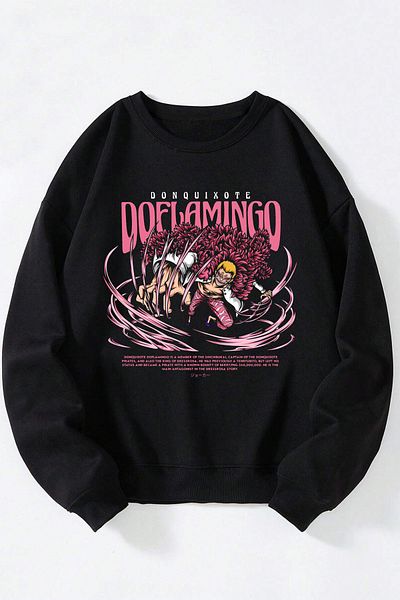 Anetos One Piece Doflamingo Unisex Black Crew Neck Cotton Sweatshirt