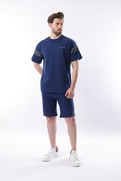Madmext Lacivert Şerit Detaylı Erkek Şort T-shirt Takım E7301