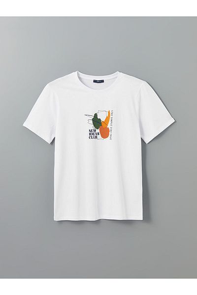 LC Waikiki Lcw Eco White Crew Neck Printed Combed Cotton Mens T-Shirt