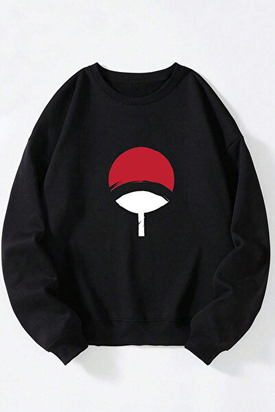 Anetos Naruto Uchiha Logo Unisex Negru Guler Rotund Bumbac Sweatshirt