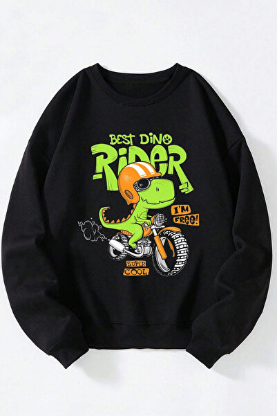 Anetos Cel mai bun Dino Rider unisex negru guler rotund bumbac Swea tricou