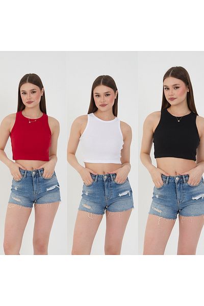 Wearflawless Women's 3-Piece Ribbed Cotton Knitted Camisole Crop Blouse Athlete