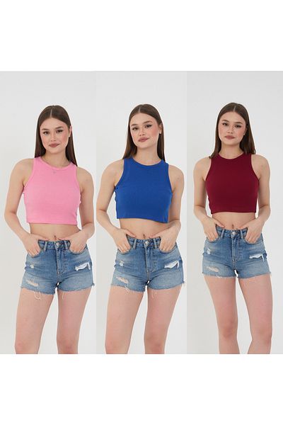 Wearflawless Γυναικεία 3 τεμάχια Κορδόνι Βαμβακερή Πλεκτή Μπλούζα Καμισόλα Crop Μπλούζα