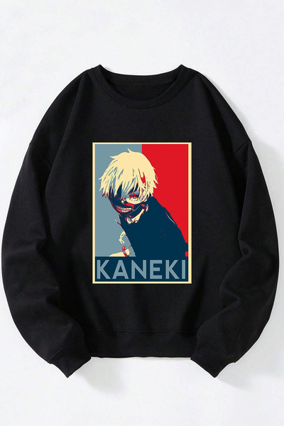 Anetos Poster Kaneki Ken Tokyo Ghoul Unisex Negru Guler Rotund Bumbac Sweatshirt