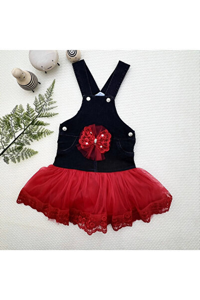 miyrem 2-3-4 Years Old Bow Button Detailed Tulle Skirt Jeans Fabric Salopet G...