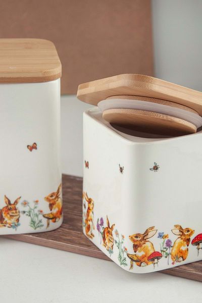Bursa Porselen Dekor Rabbit 2 Sizes Vacuum Bamboo Lid Porcelain Spice Jar