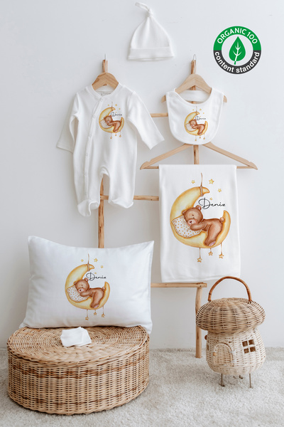 Lilabio %100 Organik İsme Özel İsimli 6lı Hastane Çıkışı Tulum Set Yastıklı A...