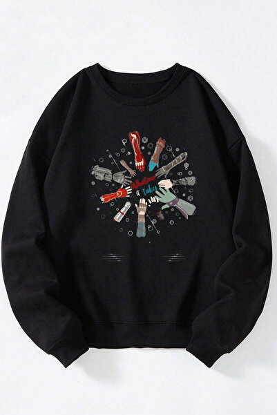 Anetos Heros Hand Unisex Negru Guler Rotund Bumbac Sweatshirt