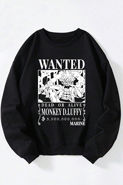 Anetos One Price Wanted D.Luffy Unisex Negru guler rotund Sweatshirt din bumbac