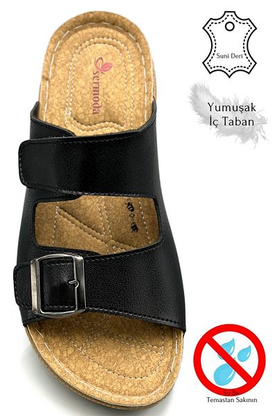 sermoda Ανδρικές παντόφλες από ελαφριά σόλα από συνθετικό δέρμα - Διπλή ταινία, Velcro και αγκράφα, Μαύρο