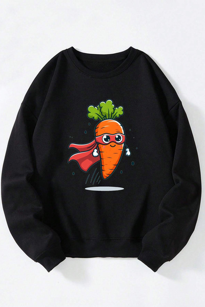 Anetos Hero Carrot Unisex Sweatshirt Negru cu Guler Rotund din Bumbac