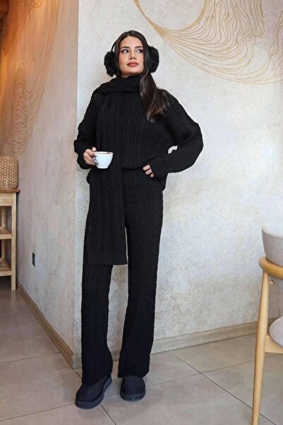 ZISHAN Set tricotaje pentru femei - Pulover, pantaloni și șal din tricot Set 3 piese 700