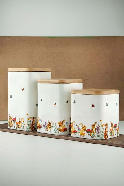 Bursa Porselen Dekor Rabbit 3-Pack Vacuum Porcelain Spice Jar with Bamboo Lid