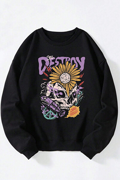 Anetos Φούτερ Destroy Unisex μαύρο βαμβακερό με λαιμόκοψη