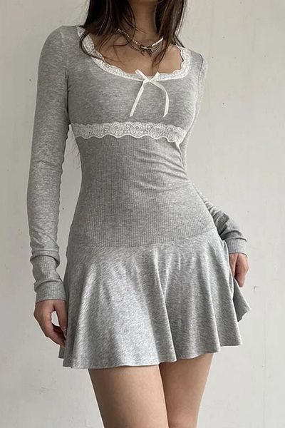 Köstebek Rochie Gri Melange Dantela Si Fundita