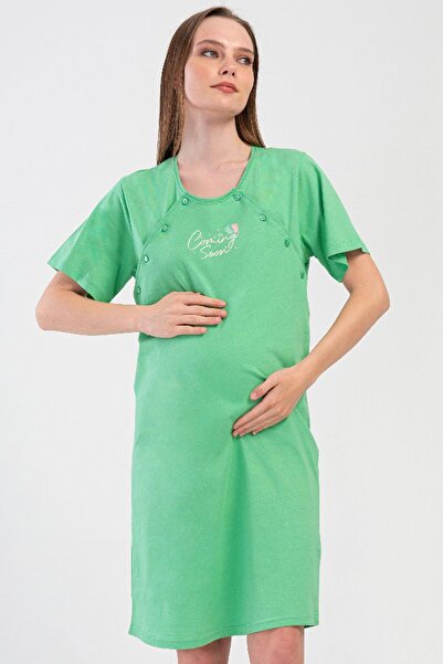 VİENETTA Women's Short Sleeve Maternity Green Tunic C5T3N1O804