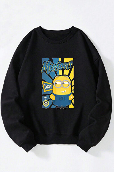 Anetos Minions Dave Unisex Negru Guler Rotund Bumbac Sweatshirt