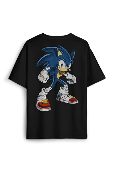 Kendim Seçtim Tricou oversize unisex negru cu imprimeu Sonic The Hedgehog