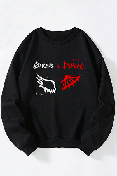 Anetos Angel și Demon Unisex Pulover din Bumbac Negru cu Guler Rotund
