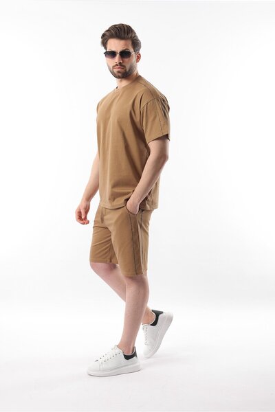 Madmext Ανδρικό σορτς μπλουζάκι με στάμπα Cappuccino Overfit E7302