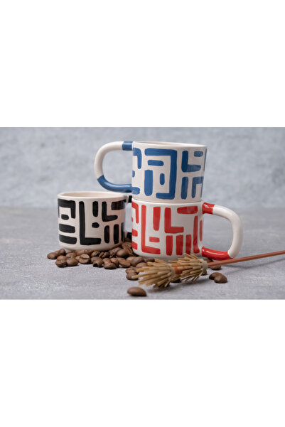 Melouro Set of 3 Handmade Ceramic Mug, Cups with Black, Red and Blue Calligraphy Handles