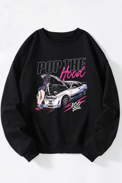 Anetos Φούτερ Pop The Hood Car Unisex Μαύρο από βαμβακερό πουλόβερ με λαιμόκοψη