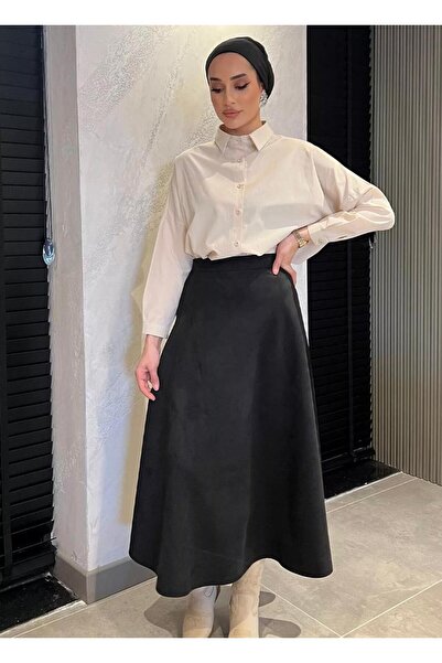 MODA UGS A line Kadın Siyah Yüksek Bel Süet Mevlana Etek  0021