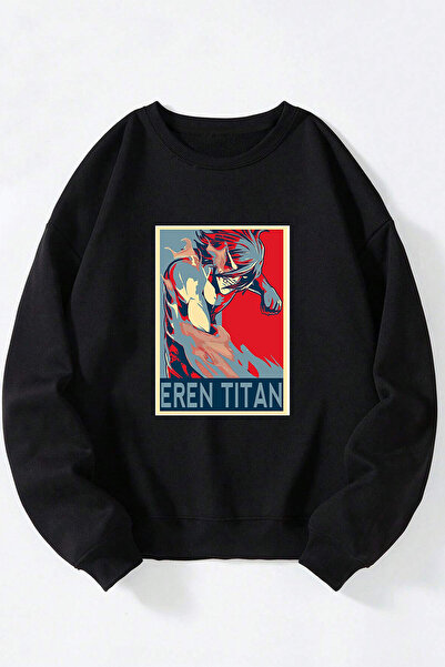 Anetos Poster Eren Titan Unisex Negru Guler Rotund Bumbac Sweatshirt