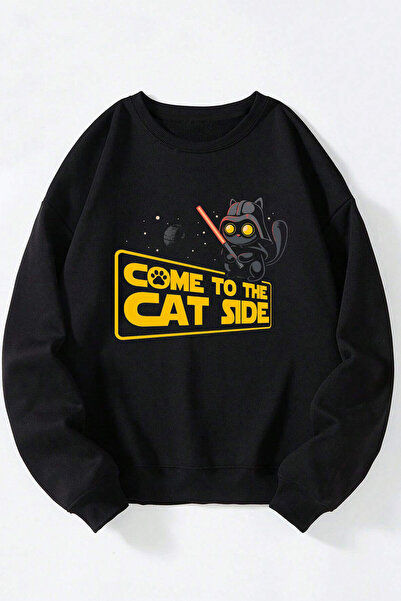 Anetos Come To Cat Sıde Unisex Negru guliver rotund Pulover din bumbac