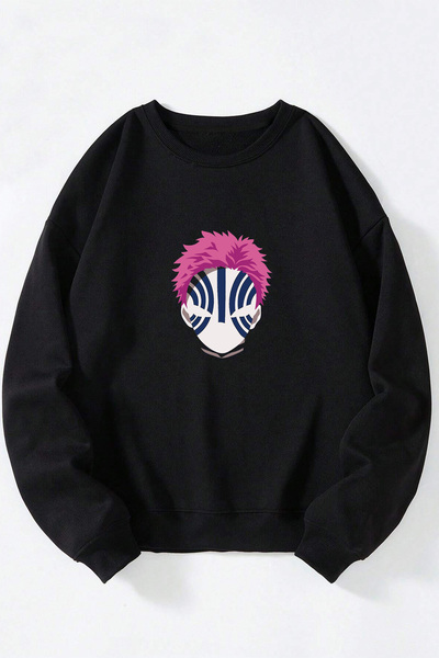 Anetos Demon Slayer Akaza Face unisex negru guler rotund bumbac Swea tricou
