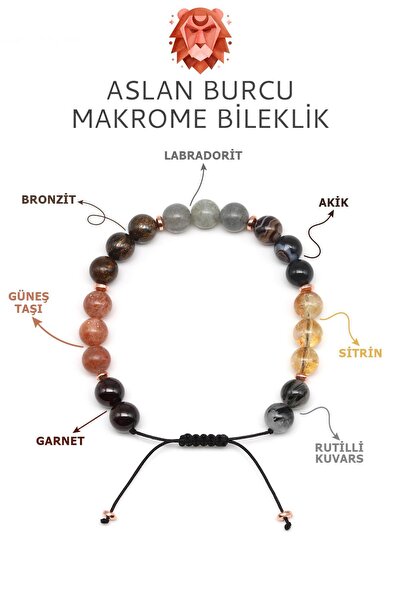 Alibaba Doğaltaş Aslan Burcu Taşlarından Oluşan Doğal Taş Makrome Bileklik 8 mm Küre Kesim - Burç Bilekliği