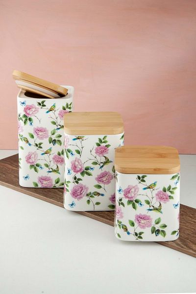 Bursa Porselen Dekor Pink Rose and Bird 3 Pcs Vacuum Bamboo Lid Porcelain Spice Jar