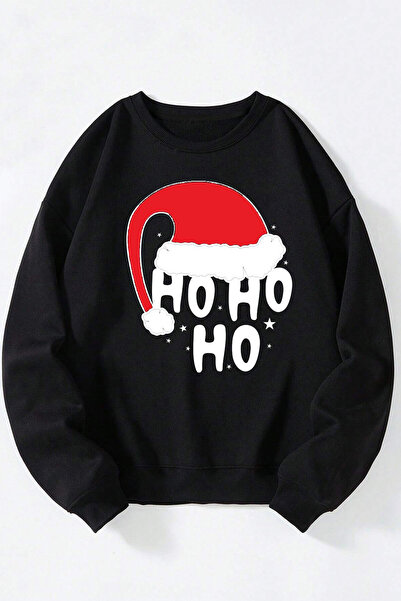 Anetos Ho ho ho Unisex Hanorac Negru cu Guler Rotund din Bumbac