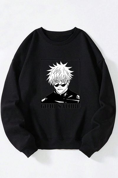Anetos Jujutsu Kaisen Gojo Satoru Unisex Black Crew Neck Cotton Sweatshirt
