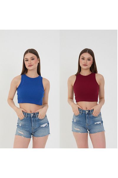 Wearflawless Γυναικεία 2 τεμάχια Πλεκτό Βαμβακερό Πλεκτό Μπλουζάκι Καμισόλα Crop Μπλούζα