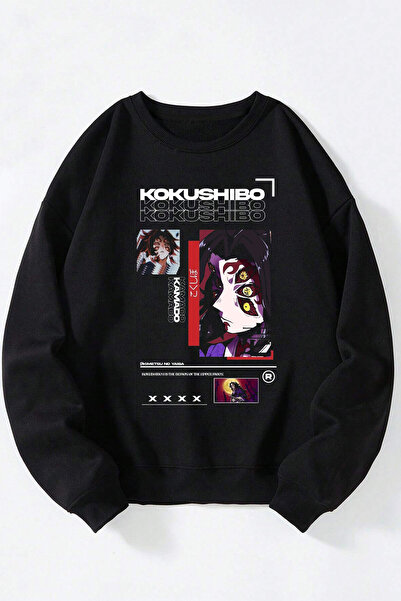 Anetos Kamado Kokushibo Unisex Negru Guler Rotund Bumbac Sweatshirt