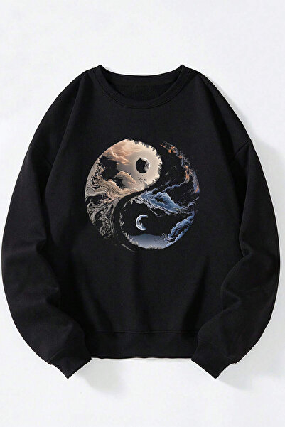 Anetos Yin Yang Denge Unisex Negru Guler Rotund Bumbac Sweatshirt