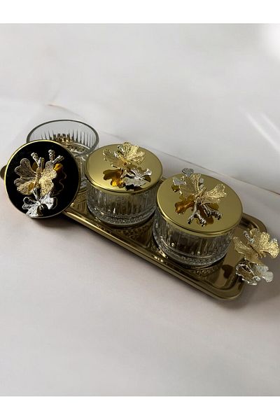 Sevinse Home Triple Glass Breakfast with Tray 4 Piece Sauce Bowl 3-Piece Snack Bowl Multi-Purpose Glass Gold