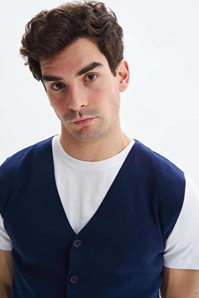 Arma Men's Navy Blue Slim Fit Knitwear Vest 100% Cotton Pima Cotton – Buttoned, V-Neck, Basic Style K9Kro0853