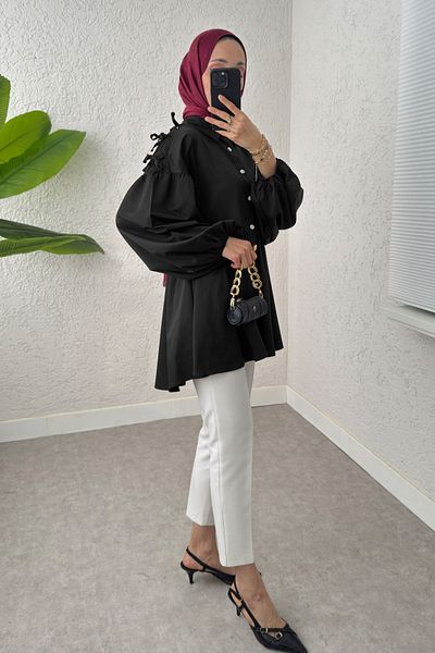 Salih Çelebi Lace Detailed Balloon Sleeve Tunic - Black