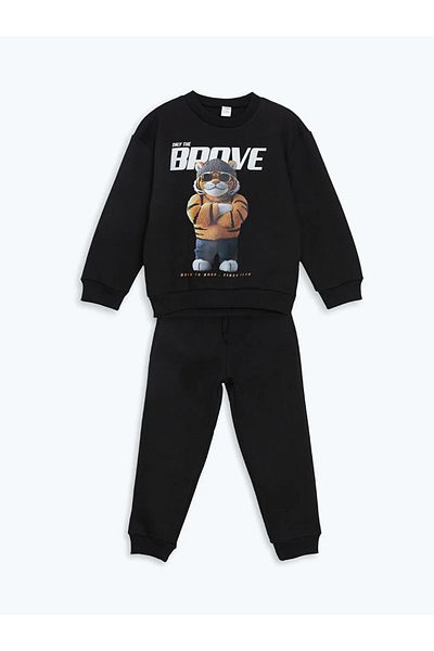 LC Waikiki Lcw Baby Black Printed Sweatshirt and Sweatpants Set for Baby Boy - Set of 2