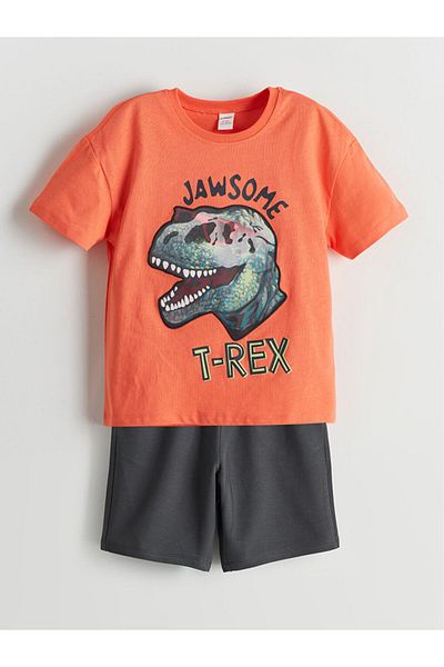 LC Waikiki New Season Dinosaur Printed Boys' T-Shirt and Shorts 2-Piece Set - S5Fq66Z1